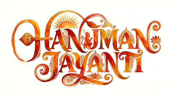 Lord Hanuman jayanti celebration. Indian hindu traditional festival calligraphy watercolor design.