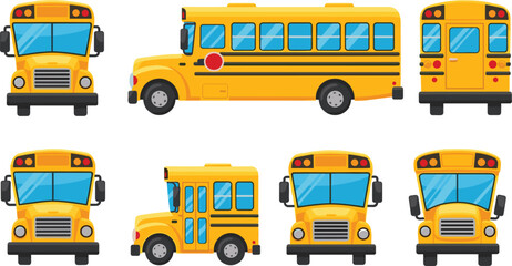 Set of yellow school bus vectors from different angles including front, side, and back views for student transportation and education design isolated on white.