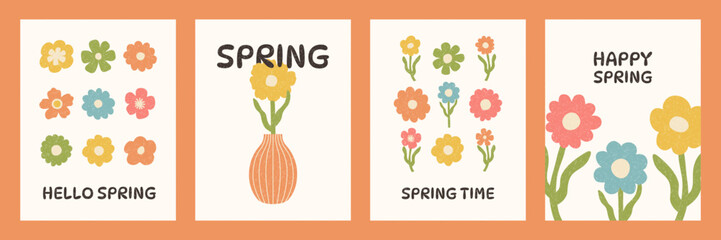 Spring greeting card set with flowers in retro hand drawn style. Floral elements, bouquet in vase and decorative compositions on light background. Vector illustration for postcard, poster, invitation © Stacy Draw