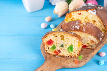Traditional East European Fruitcake for Easter, loaded sweet sponge cake with dried fruits and...