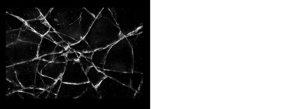Realistic cracked glass texture overlay featuring fine fracture lines on a black background. Ideal for high-quality damage effects and cracked screen mockups.