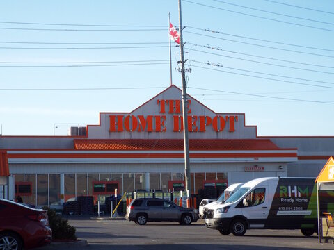 Ottawa, Ontario, Canada-July 18, 2025: The prominent orange storefront of "The Home Depot" at 2056 Bank St.