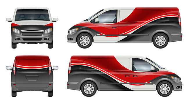 Delivery minivan wrap vector mockup shown from side, front, rear view. Perfect for corporate identity, vehicle branding and design concepts. All elements in the groups are in separate layers