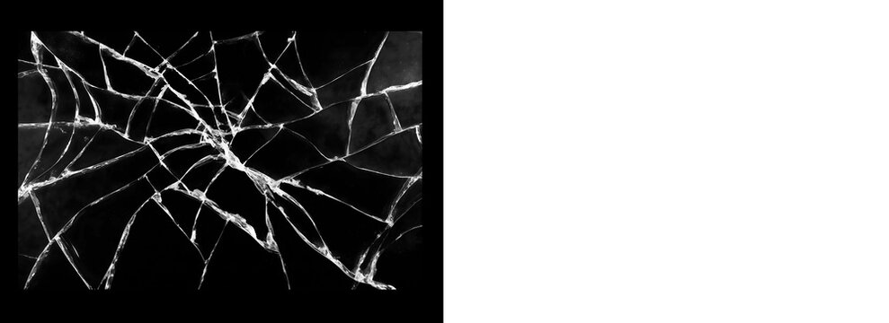 Realistic shattered glass fragment overlay with large fractures on a black background. High-quality asset for creating dramatic broken screen or window visuals.
