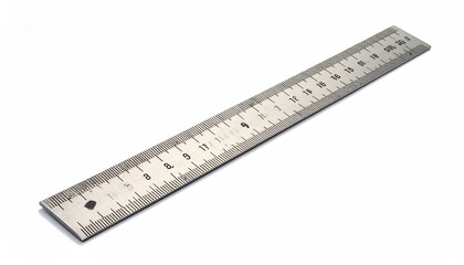 A metal ruler, angled, showing measurement markings, resting on a white surface