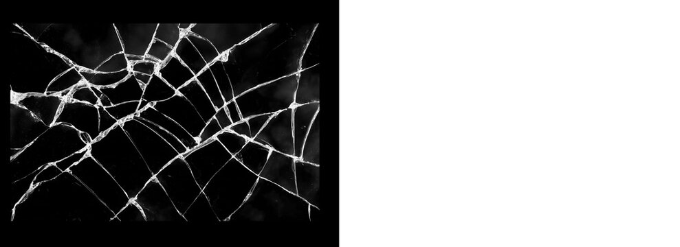 Intricate high-quality spiderweb crack pattern on glass over a black background. Perfect for realistic broken screen overlays and digital destruction effects.