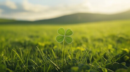 Naklejka premium Single four leaf clover symbolizing luck and fortune standing tall in a vibrant green meadow under bright daylight