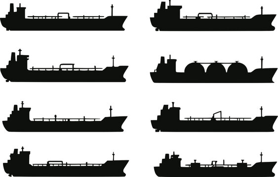 Tanker ship silhouette vector icon set isolated
