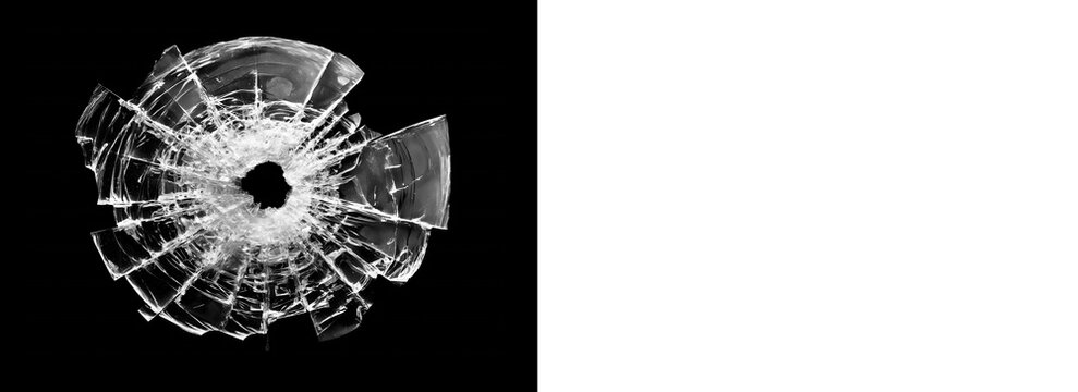 High-quality shattered glass overlay with radial crack pattern on black. Realistic impact effect for digital compositing and damaged screen visuals.