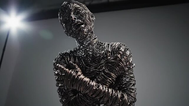 Wire Sculpture Humanoid Figure with Tangled Metal in Dark Studio 4K