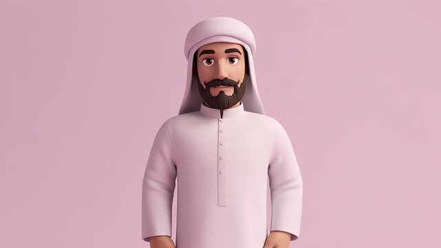 3D rendering of an Arabic man in traditional clothing on light pink background