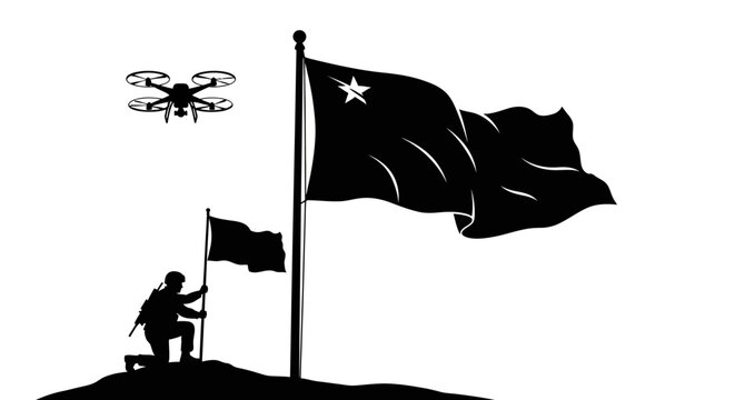 Soldier Raising Flag with Drone Overhead, Symbolizing Modern Warfare and Patriotism