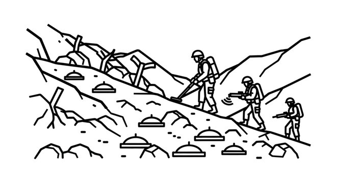 Soldiers Detecting Landmines with Metal Detectors on a Rocky Slope