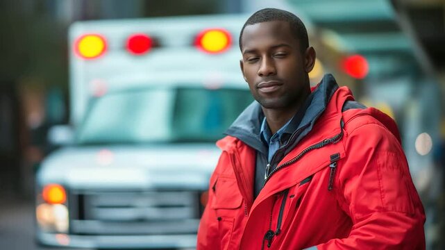Faceless African American paramedic in bright red jacket standing on street, defocused ambulance van background, emergency services, with copy space