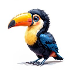 Fototapeta premium Sweet Baby Toucan Clipart: Pastel Brushstrokes, Rosy Cheeks, Large Beak, Tiny Feet, Isolated on White, Spring Design Element