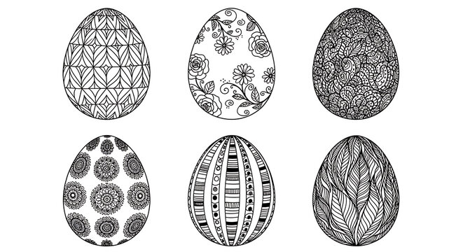 Six black and white easter eggs with different patterns