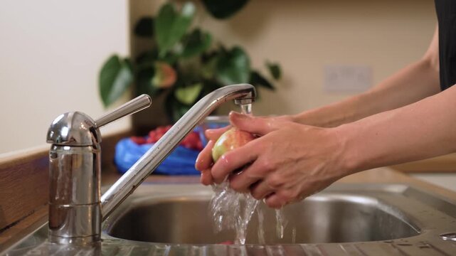 Holding apple under faucet preparing homemade compote. Cleaning juicy fruit with fresh water before making traditional drink. Rinsing ripe apple refreshing ingredient for sweet homemade beverage