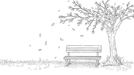 Line Art Illustration of a Wooden Bench Under a Blooming Tree with Falling Petals © ZeinLens