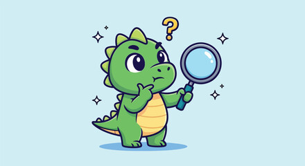 Obraz premium Cute Dinosaur Holding Magnifying Glass and Thinking.