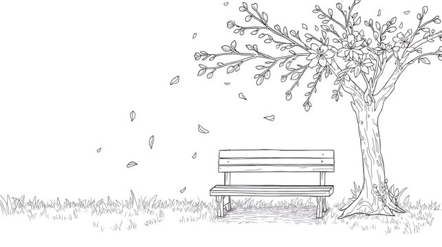 Line Art Illustration of a Wooden Bench Under a Blooming Tree with Falling Petals