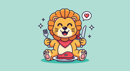 Obraz premium Cute Lion Eating Steak Cartoon Vector Icon Illustration.
