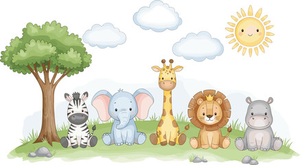 Cute watercolor baby safari animals zebra elephant giraffe lion hippo with tree sun clouds and grass nursery illustration © Sukhi