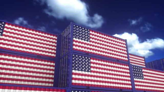 Stacked Shipping Containers With United States Flag Design Under Blue Sky