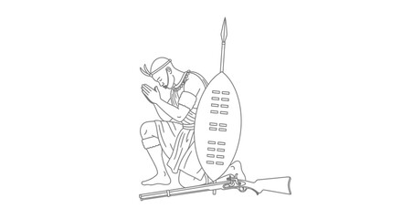 Fototapeta premium Zulu Warrior Praying with Shield and Rifle, Historical African Culture