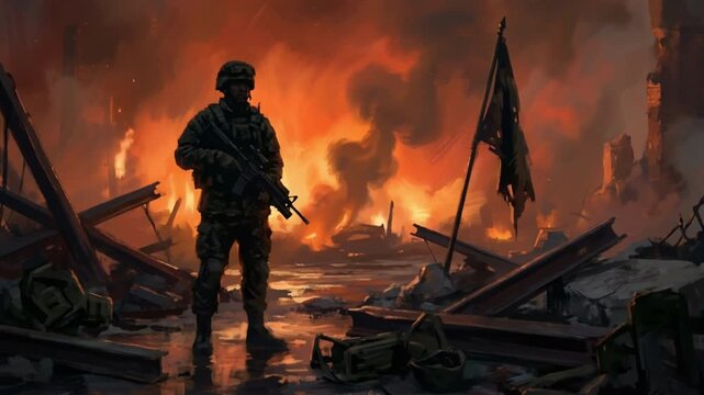 Lone silhouetted soldier holding rifle stands facing torn black flag on wet debris covered post apocalyptic battlefield, suited for cinematic trailers.