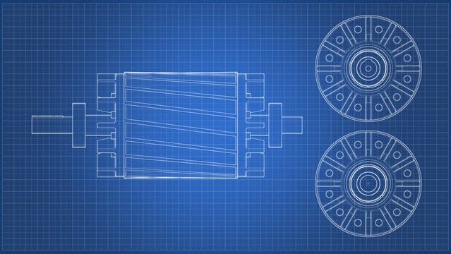 Industrial Induction Motor Rotor - Blueprint. 3D rendering isolated on blue background. 3D Mesh, Sketch, Vector style or Drawing. Ideal for educational, engineering, and industrial design.