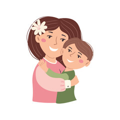 A happy mother hugs her son. Illustration for Mother's Day, motherhood and childcare.