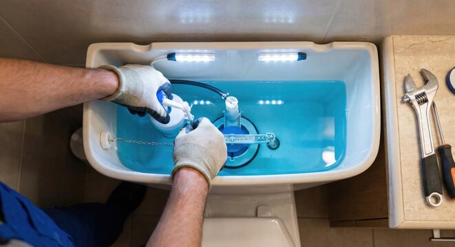 Plumber hands repairing toilet flush mechanism in tank