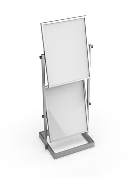 Modern double-sided floor standing advertising display with blank poster frames for branding and promotional content. Minimal metal sign holder mockup isolated on light background.