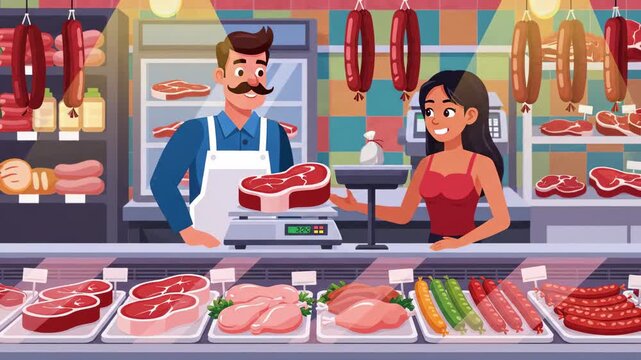 Butcher shop animated scene customer weighing meat cartoon style footage food retail fresh products