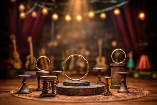Miniature circus stage with golden rings and vintage props bathed in spotlight, ready for a magical performance.