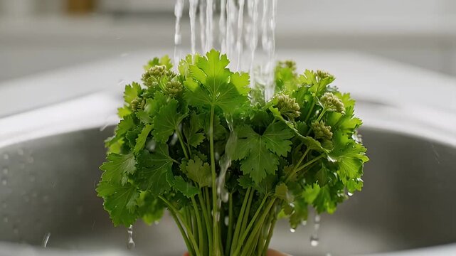 Fresh green bunch of parsley being washed under running tap water