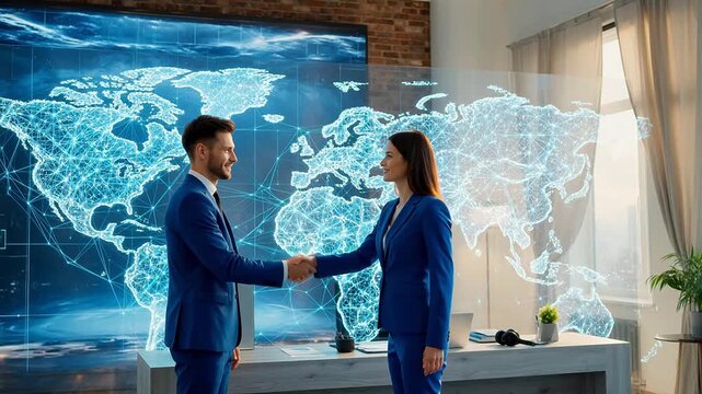 Business handshake in digital world map setting