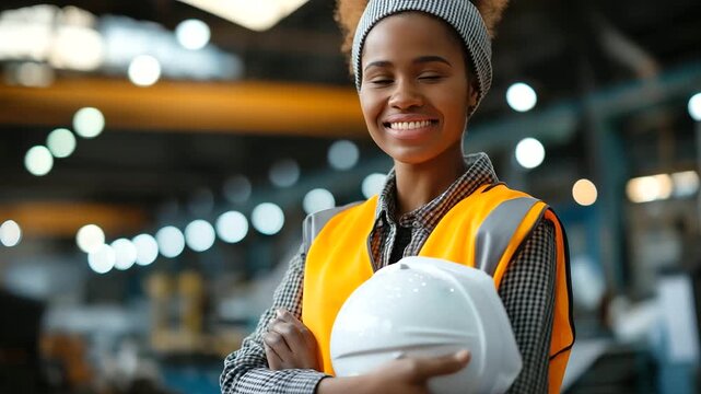 Faceless portrait of smiling African American female worker in factory, confident young industrial engineer wearing safety vest holding hard hat, with copy space