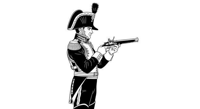 19th Century Soldier with Flintlock Pistol, Historical Military Illustration