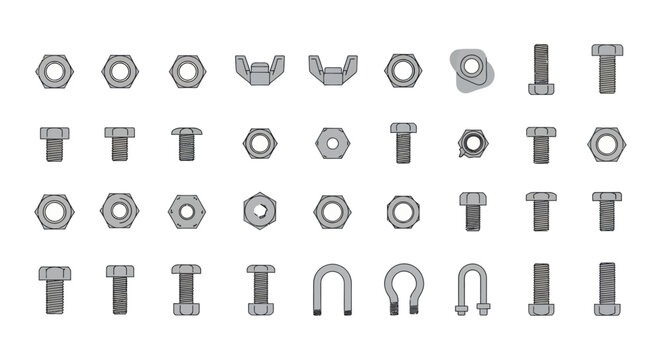Various metal bolts nuts and industrial hardware fasteners collection.
