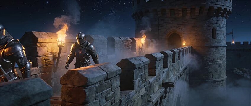 Lonely army knight patrol on medieval castle wall at night as armored knights guard ancient stone fortress tower with torch flame under starry sky in mysterious misty fog fantasy atmosphere