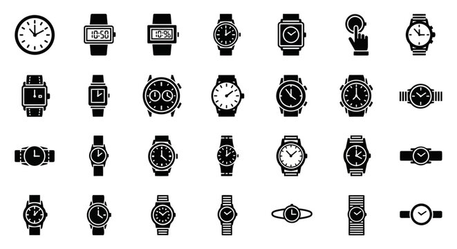 A collection of various watch designs and clock illustrations from different viewpoints