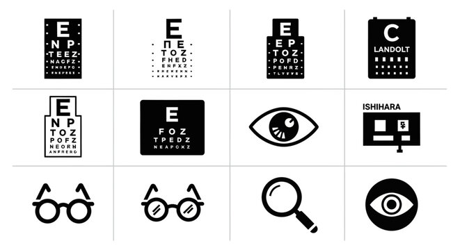Collection of icons representing vision and eye care in a grid layout on a simple background viewed from directly above