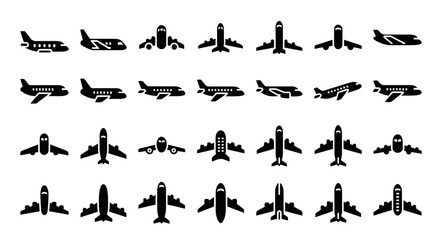 Collection of airplane silhouettes viewed from various angles and perspectives in a grid layout © Adam
