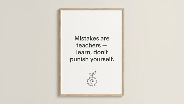 Minimalist motivational poster with typography quote 'Mistakes are teachers learn don't punish yourself' and a growth symbol