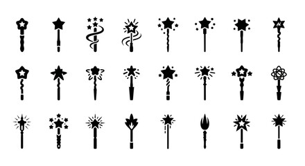 Collection of diverse magic wand silhouettes in black and white, symbolizing fantasy and imagination, various designs for magical themes in illustrations © Adam