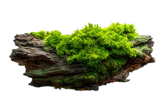 Green Moss on Old Wood Isolated on White Background