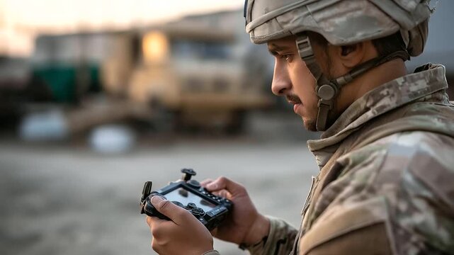 Faceless soldier engaging in combat with handheld drone controller, defocused battlefield background, launching drone swarm for aerial support, tactical aerial deployment, with