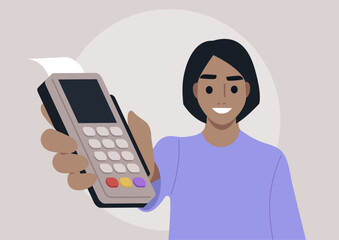 A cashier confidently holds a sleek POS terminal, ready to assist customers with fast and efficient payment processing in a vibrant retail environment.