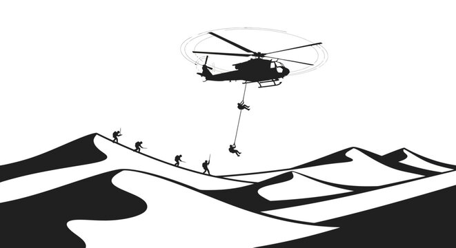 Desert Special Forces Helicopter Rappelling Soldiers onto Sand Dunes